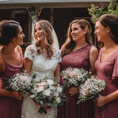Floral Reef Designs - Ottawa Floral Studio Weddings and Events - Bride with Bridesmaids wearing burgundy dresses holding wedding bouquets